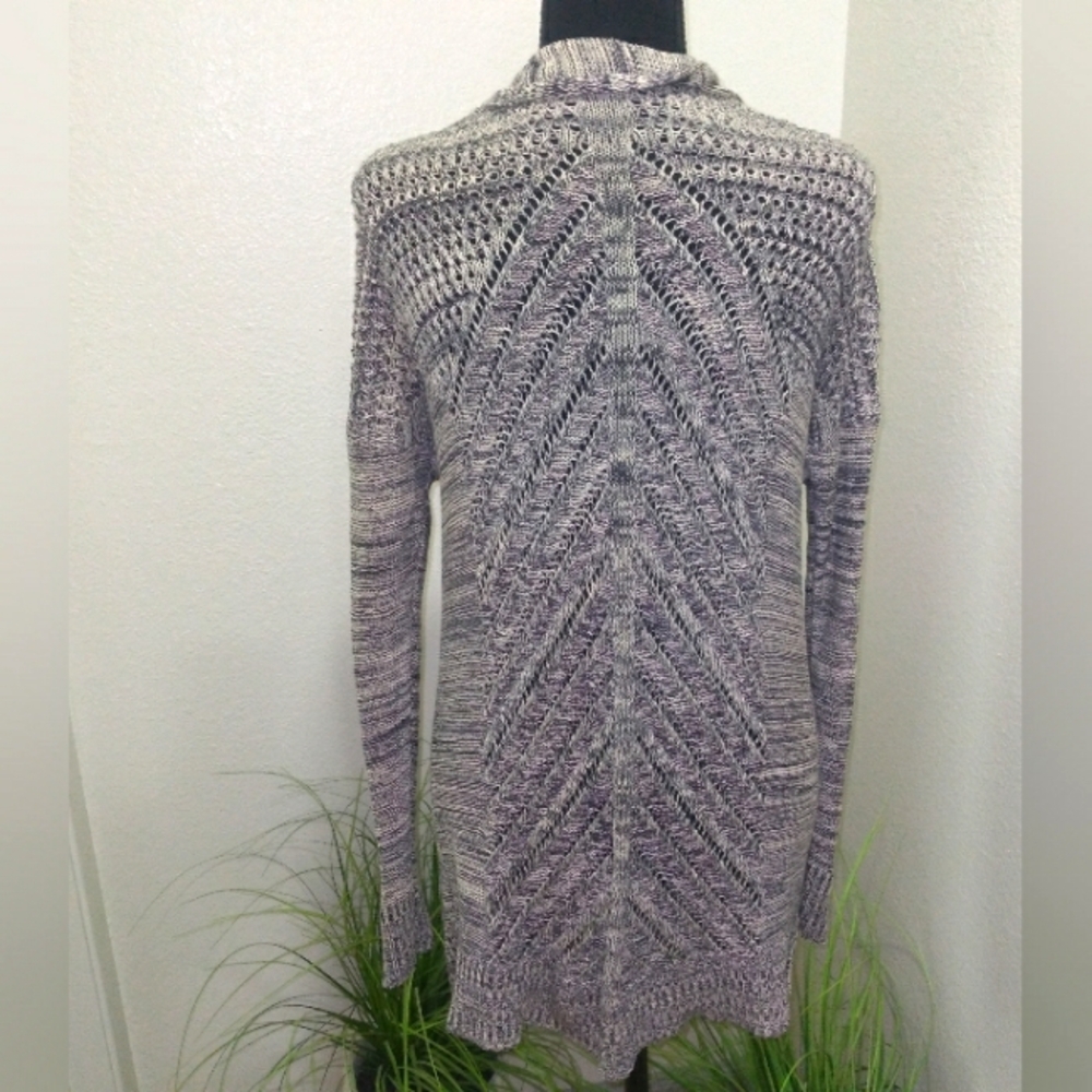 Leo & Nicole Women's Grey & Tan Marled Rib Trim Long Sleeve Cardigan- Size S - Picture 4 of 10